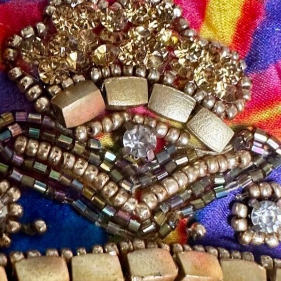 Vintage Hand Beaded Kaftan Dress With Vibrant Abstract Print 3/4 Sleeves Size M - Picture 7 of 14